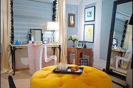Custom upholstered round diamond tufted ottoman in bright yellow velvet designed by Bespoke By Luigi Gentile. Interiors by KT Design Solutions
