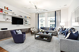 Bold yet contemporary custom upholstered Chelsea sofas and armchairs designed by Bespoke by Luigi Gentile with a pop of navy. Interiors: Gale Sitomer Design. Photography by Alex Kroke.