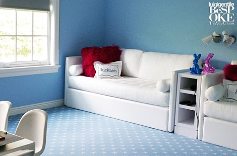 Custom upholstered Chambers Hi-Riser with hidden trundle bed to transform the playroom to a functional and comfortable guest room. Upholstery: Bespoke by Luigi Gentile, Interiors: MB Shapes and Forms 