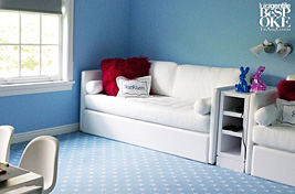 Custom upholstered Chambers Hi-Riser with hidden trundle bed to transform the playroom to a functional and comfortable guest room. Upholstery: Bespoke by Luigi Gentile, Interiors: MB Shapes and Forms 