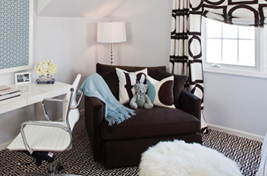 Contemporary styled upholstered armchair with recessed legs for small child's room. Upholstery: Bespoke by Luigi Gentile.  