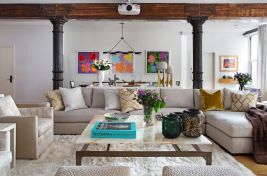 Gorgeous living room full of color and comfort featuring a custom sectional by Bespoke by LG. Interiors: Rona Landman. Photography: Peter Rymwid